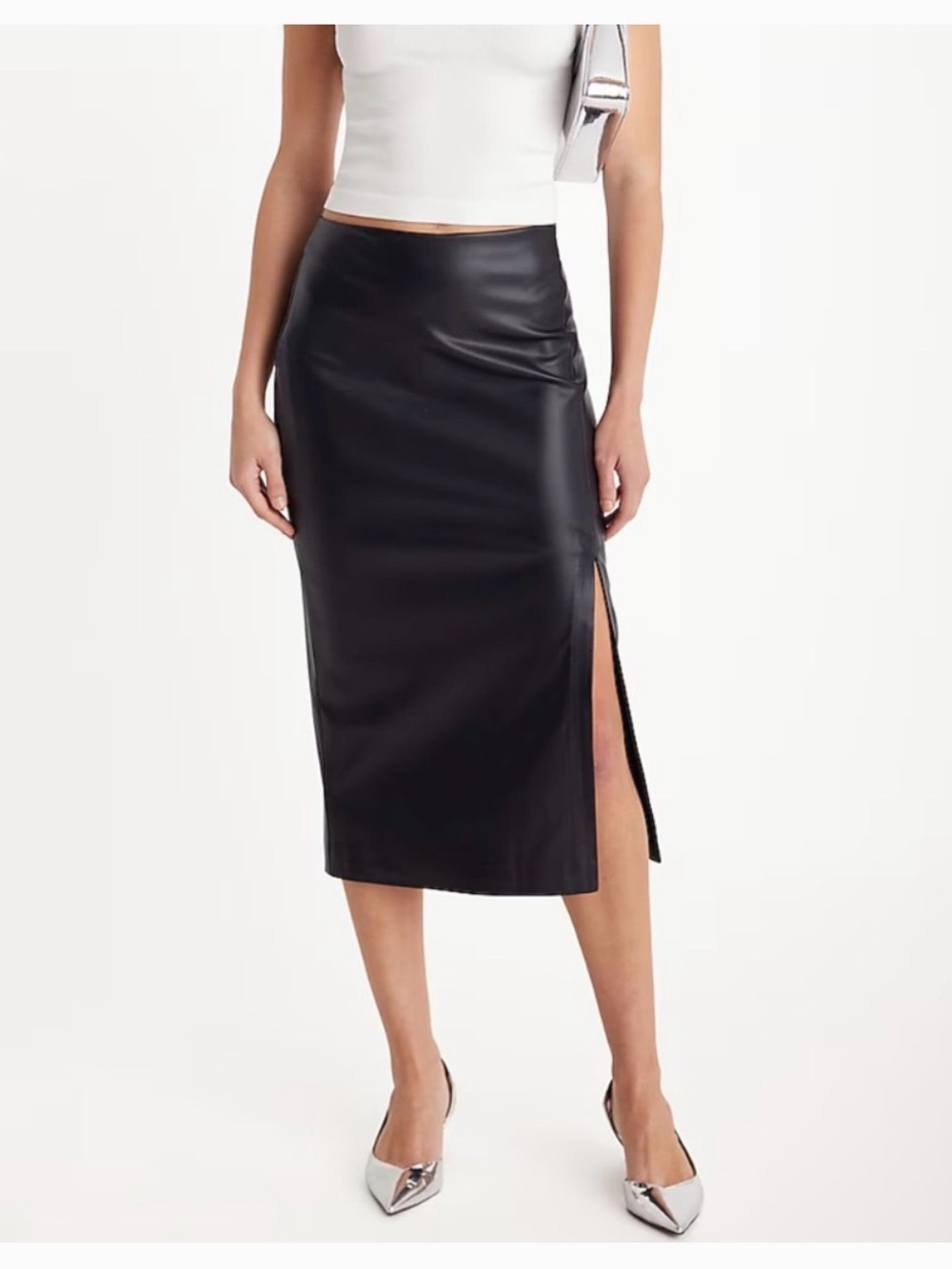 NWT Express Black Faux Leather Midi Pencil Skirt with Side Slit